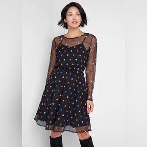 ModCloth Dazzle Do It Dotted Confetti Black Mesh Long Sleeve Dress Size Small S